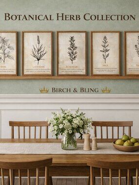 Botanical Herb Wall Art Set - 5 Prints, Vintage Kitchen Decor, French Country